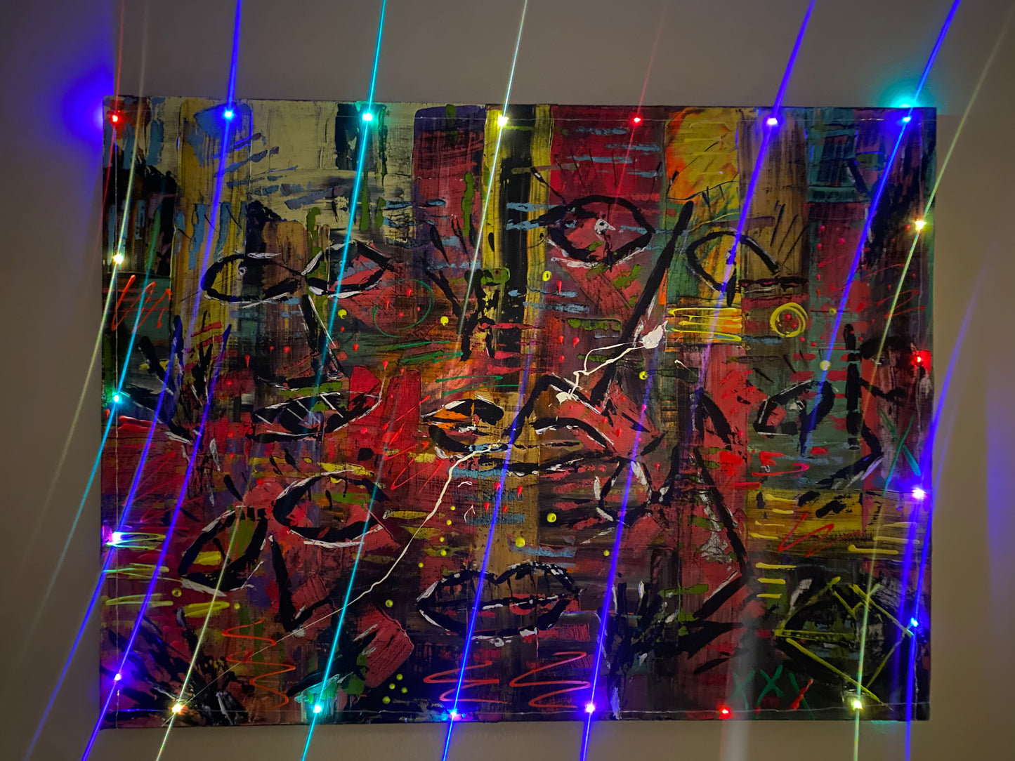 L.S.H.O. Artwork One-of-One of "Dystopian Chaos " Front Image with lights. Lit up.